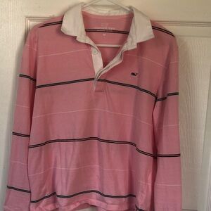 Vineyard Vines Women’s Pink and White Striped Rugby Polo